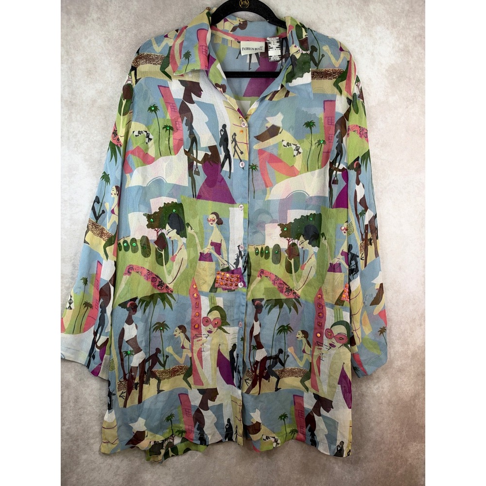 Y2K Fashion Bug Button Down Women OSFM Novelty Print Sequin Sheer Duster Coverup